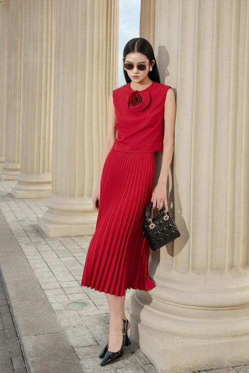 Sixdo Red Pleated Tuytsi Flared Skirt